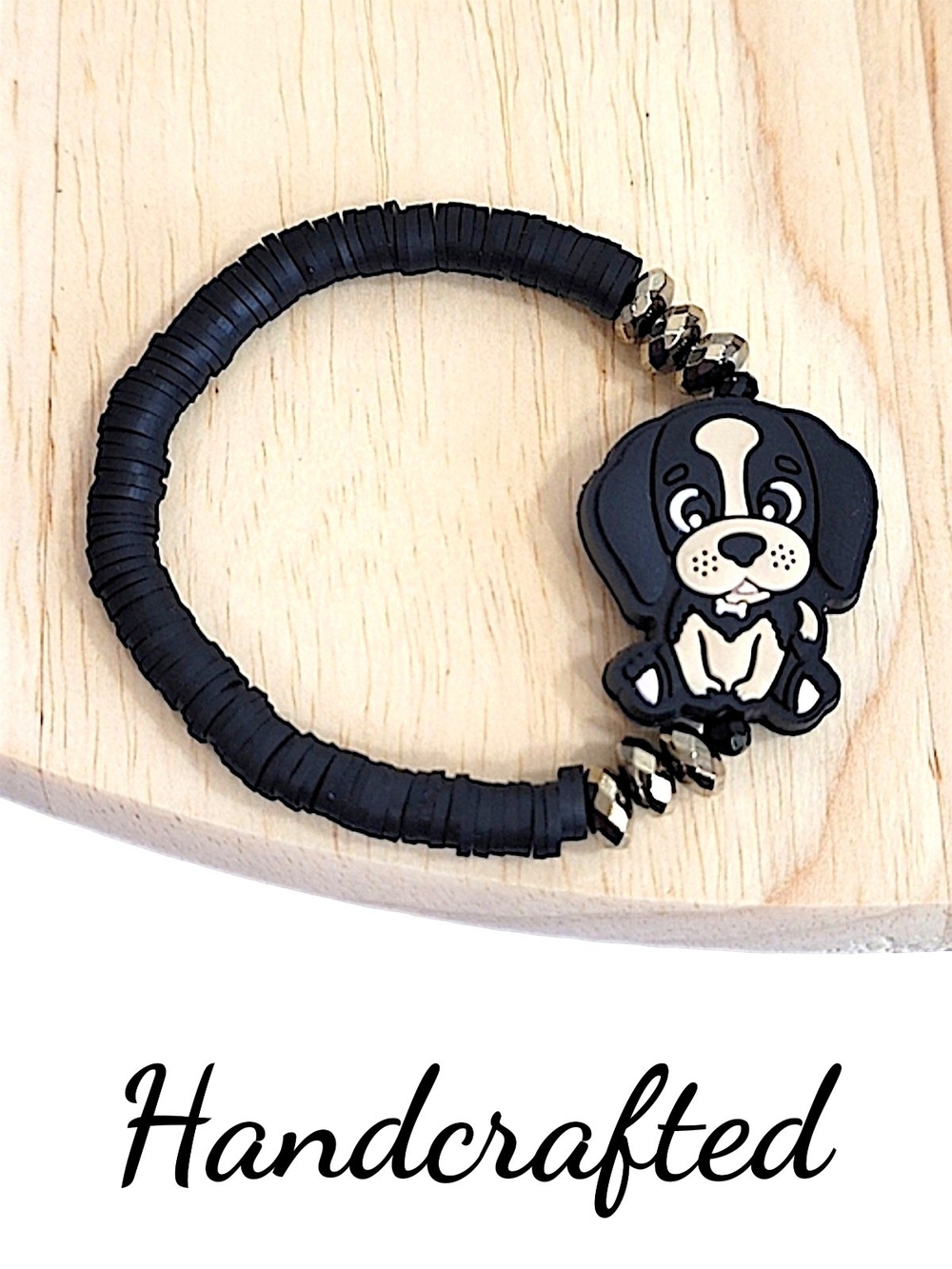 Hand Crafted Black Dog Bracelet Black And Cream Clay Bead Dog Approx 6.5"